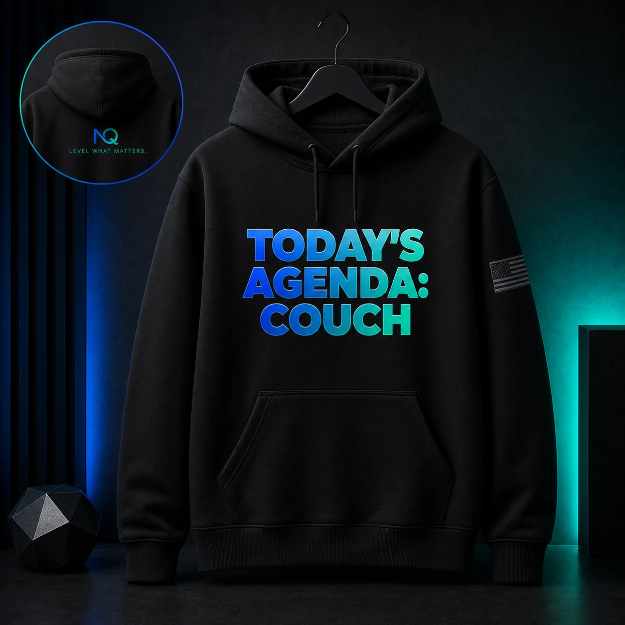 Black hoodie mockup with Today's Agenda: Couch front graphic and NovusQuest back detail