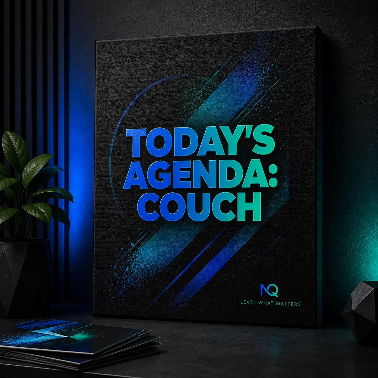 Canvas wall art mockup with Today's Agenda: Couch graphic and NovusQuest logo