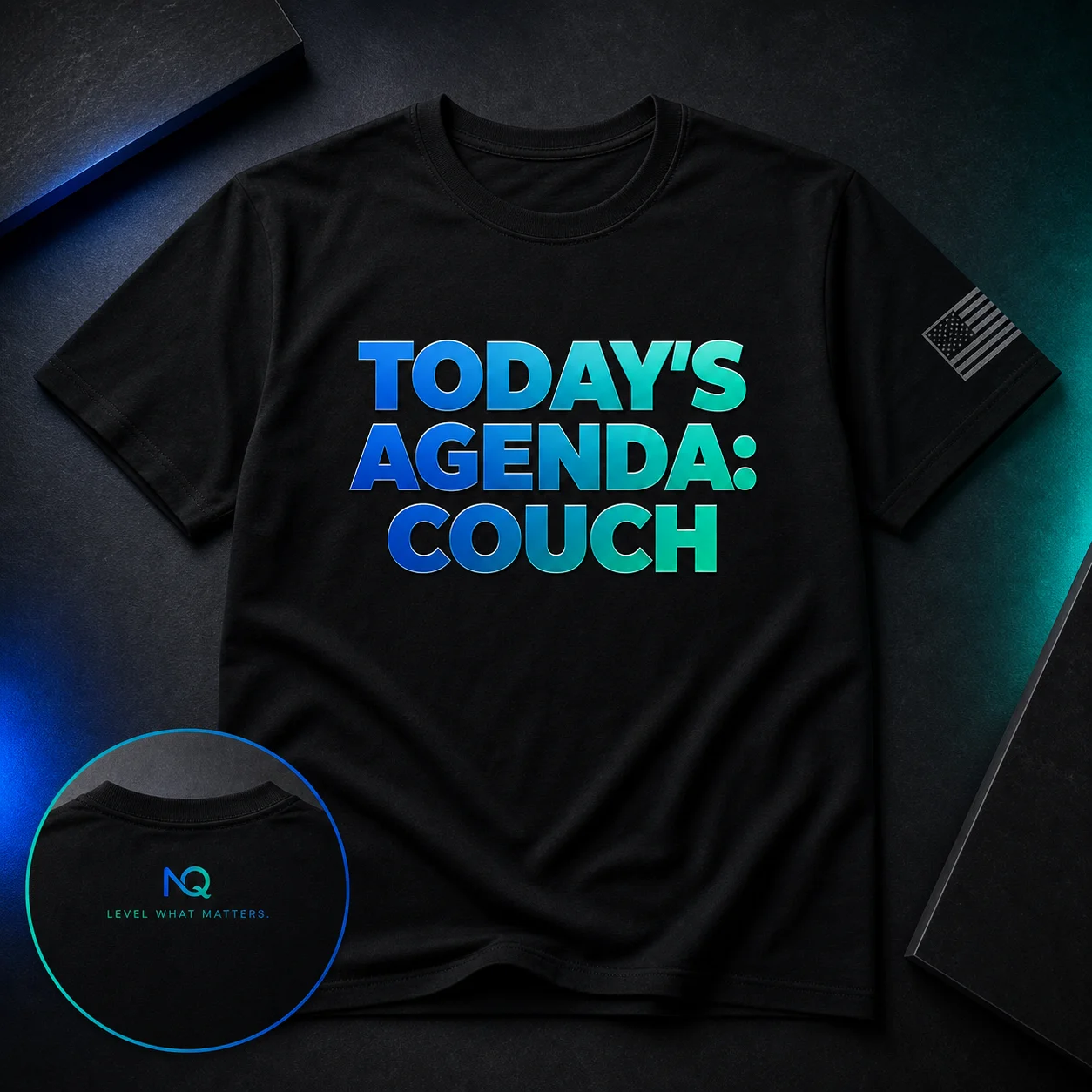 Black t-shirt mockup with Today's Agenda: Couch front graphic and NovusQuest back neck detail
